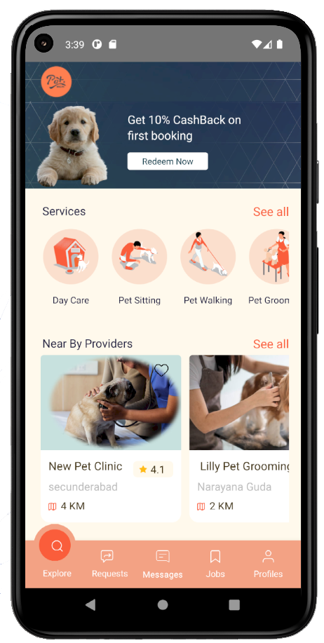 Pet Michi app services page showcasing pet care features available.