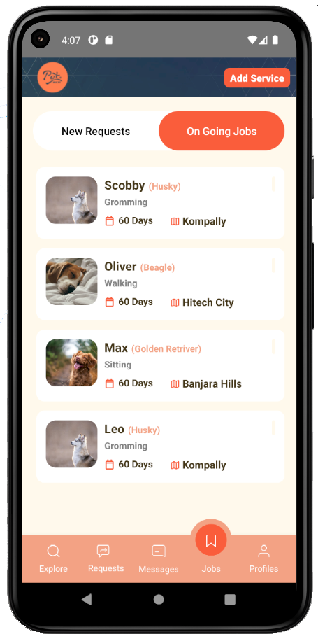 Pet Michi app request page showcasing pet care services requested by users